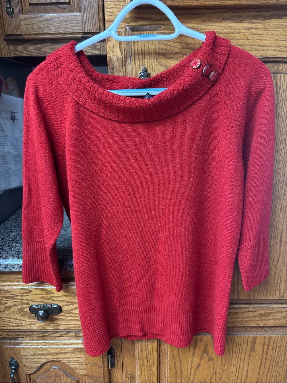 Women's Red Cowl-Neck Button-Shoulder Sweater